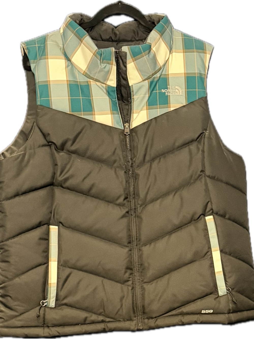 The North Face Women’s Black Puffer Vest with Teal Plaid Yoke